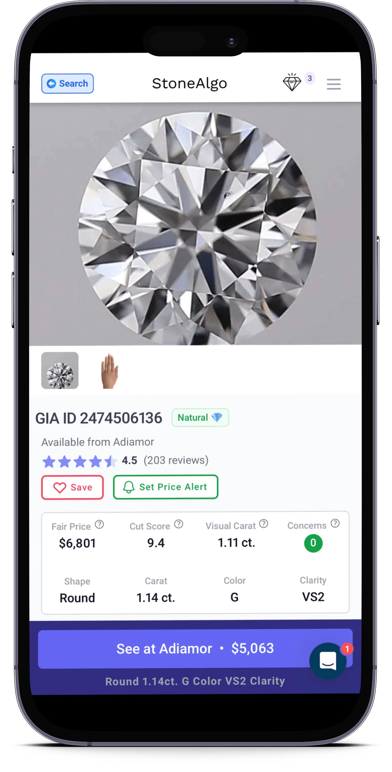 StoneAlgo diamond product page example